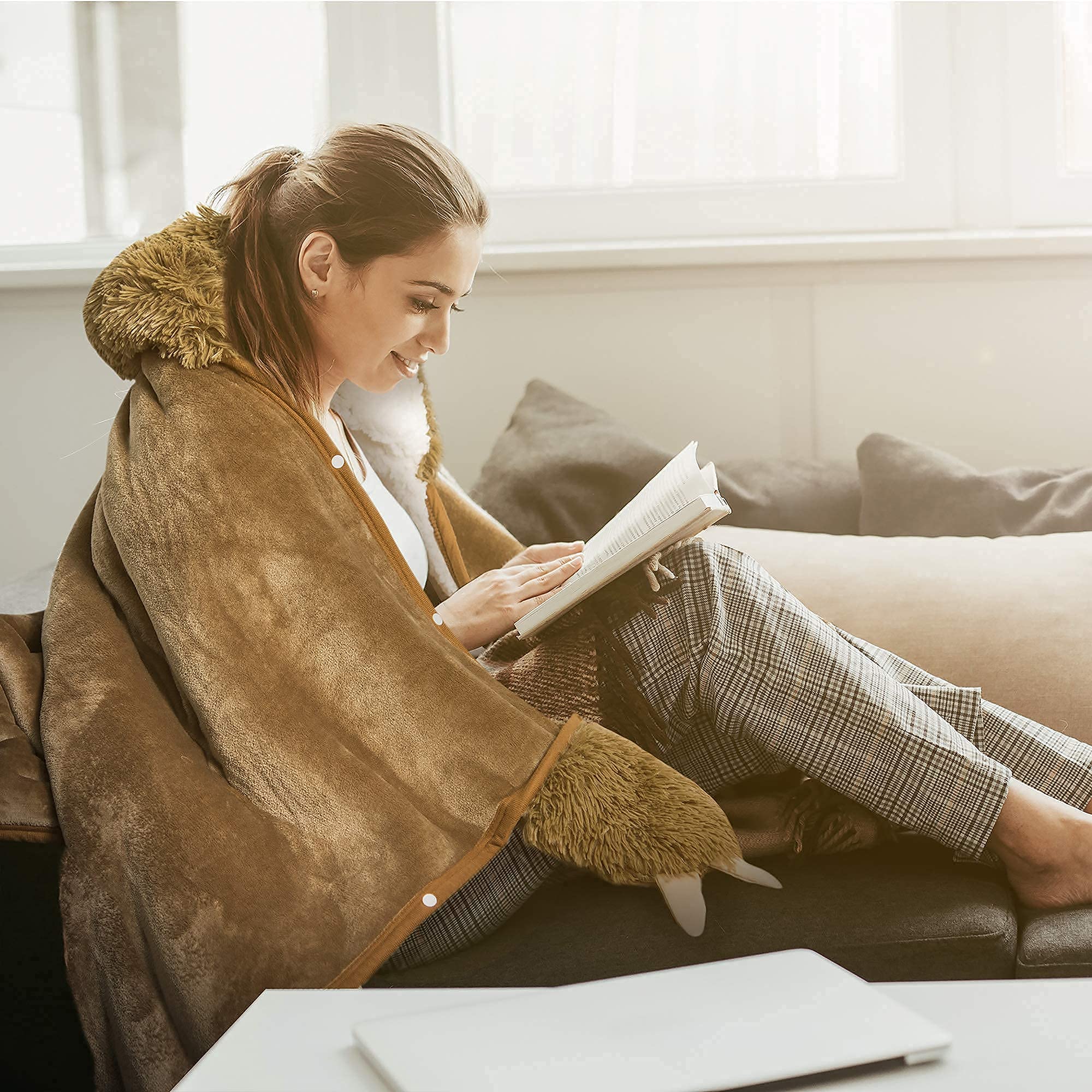 Happy Fuel Sloth wearable hooded blanket sleeve-drape demonstrating versatility