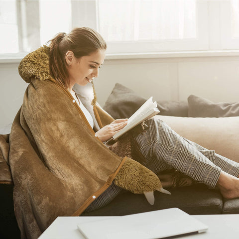 Happy Fuel Sloth wearable hooded blanket sleeve-drape demonstrating versatility