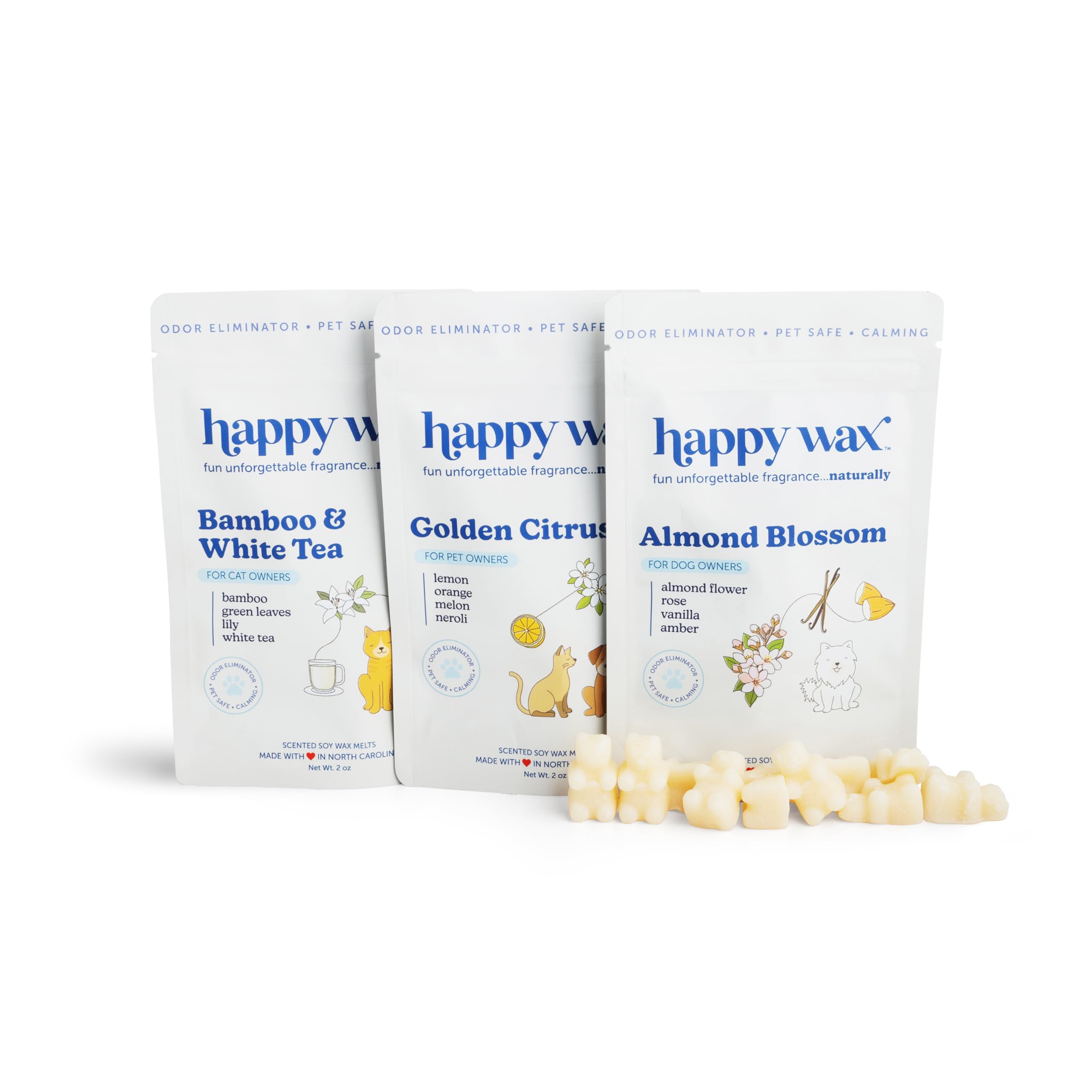Happy Wax Almond Blossom dog melts provide calming fragrance and odor reduction