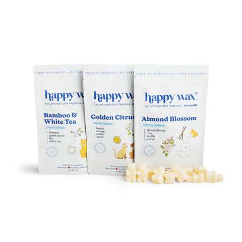 Happy Wax Almond Blossom dog melts provide calming fragrance and odor reduction