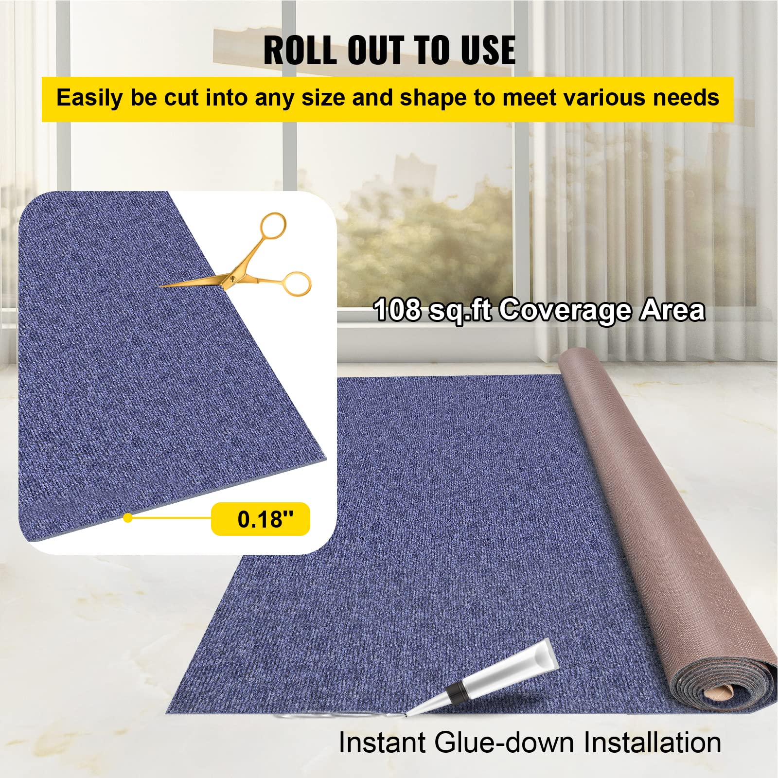 Scissors trim a Happybuy carpet to fit irregular spaces.