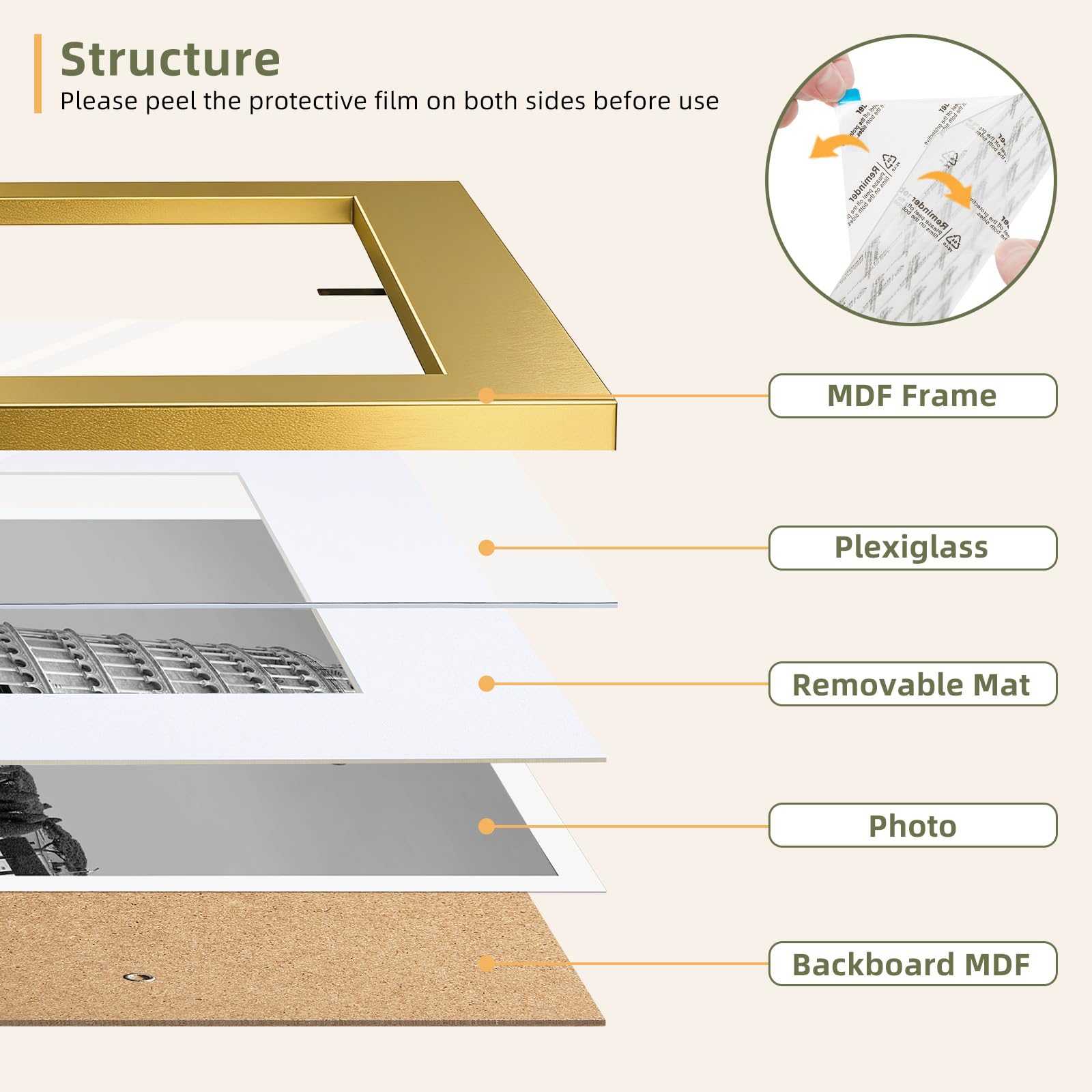 HappyHapi gold frame elevates a living room wall with refined shine.