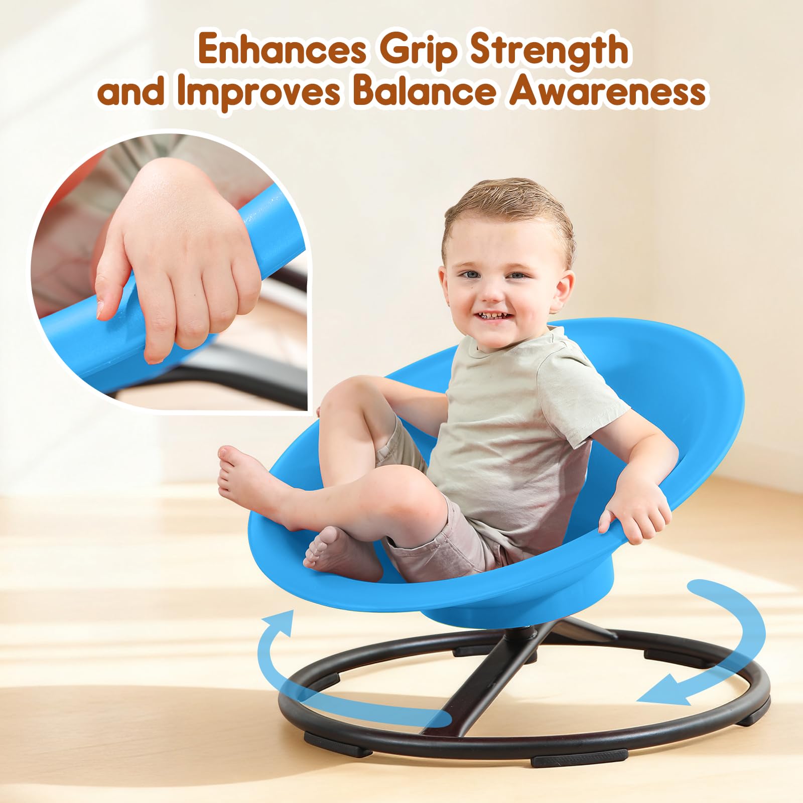 Child using HAPPYMATY chair in motion illustrates active play and focus at home.
