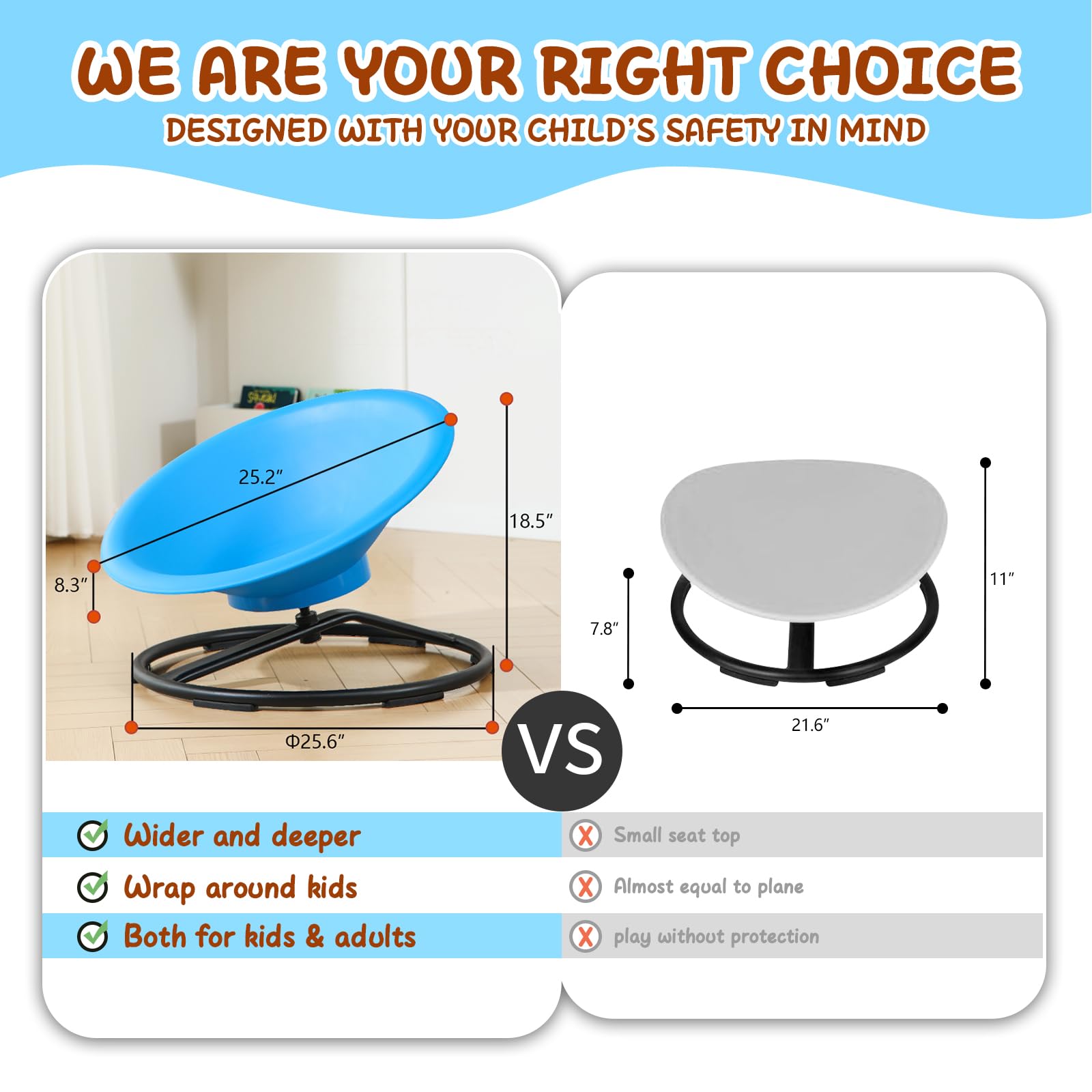 Seat closeup of HAPPYMATY spinning chair highlights smooth rotation for calm sensory moments.