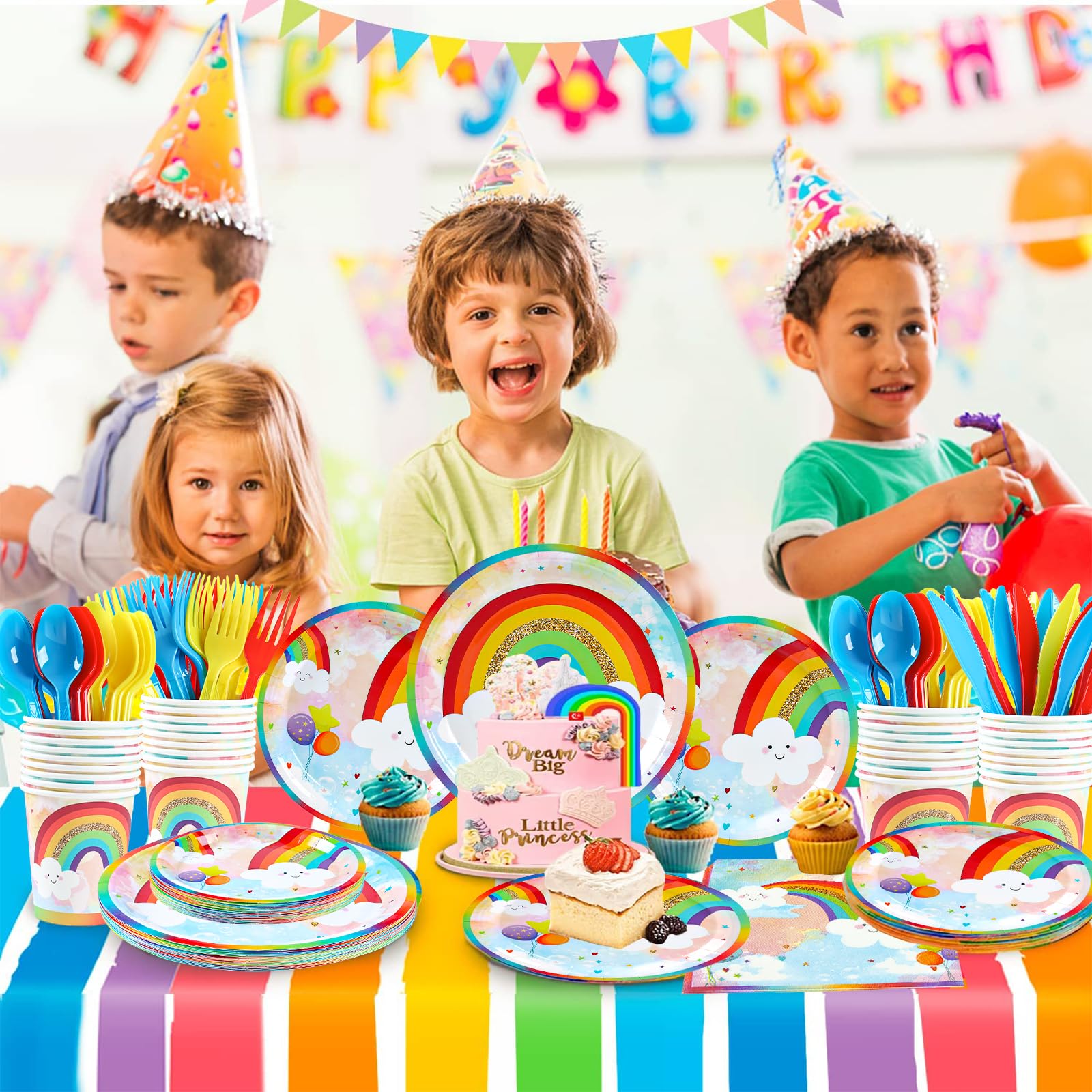 HappyThousands rainbow full set assembly demonstrates a cohesive party table