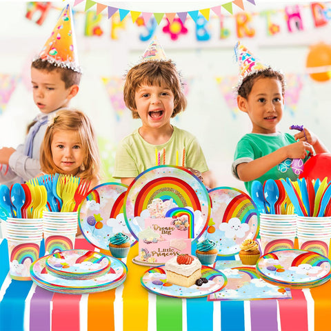HappyThousands rainbow full set assembly demonstrates a cohesive party table