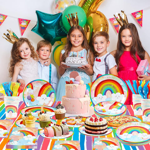 HappyThousands rainbow tablecloth creates a vibrant backdrop for the table