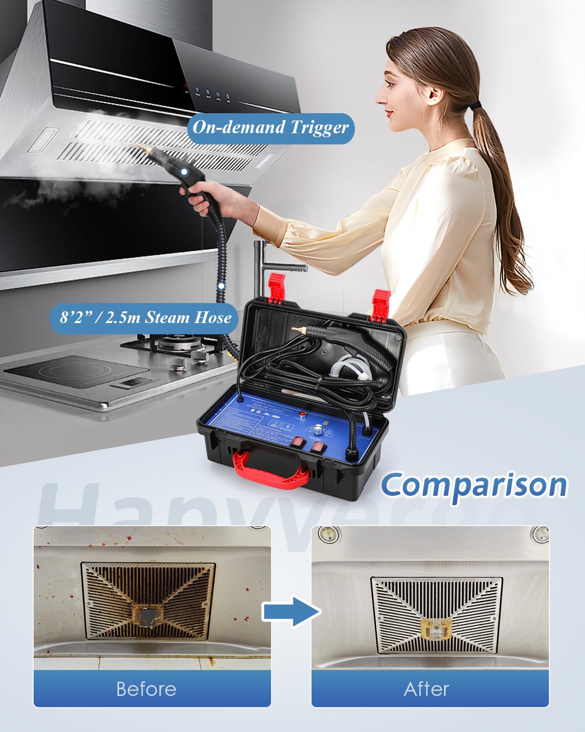 Hapyvergo steam cleaner addressing kitchen surfaces with 230 degrees Fahrenheit heat.