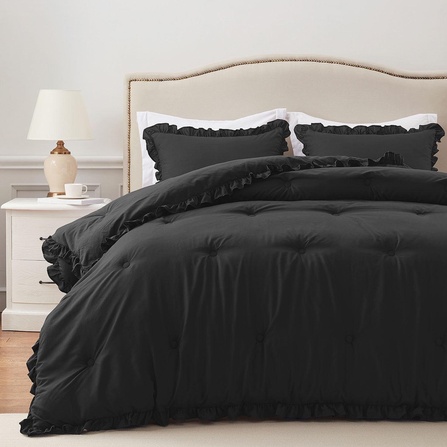 HARBOREST Queen Comforter Ruffle Black ensemble enhances elegant bedroom styling.