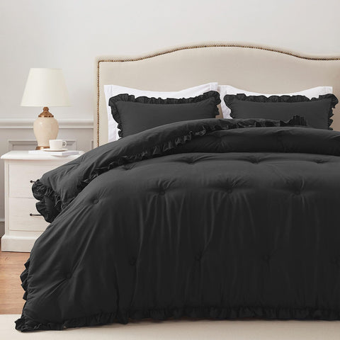 HARBOREST Queen Comforter Ruffle Black ensemble enhances elegant bedroom styling.