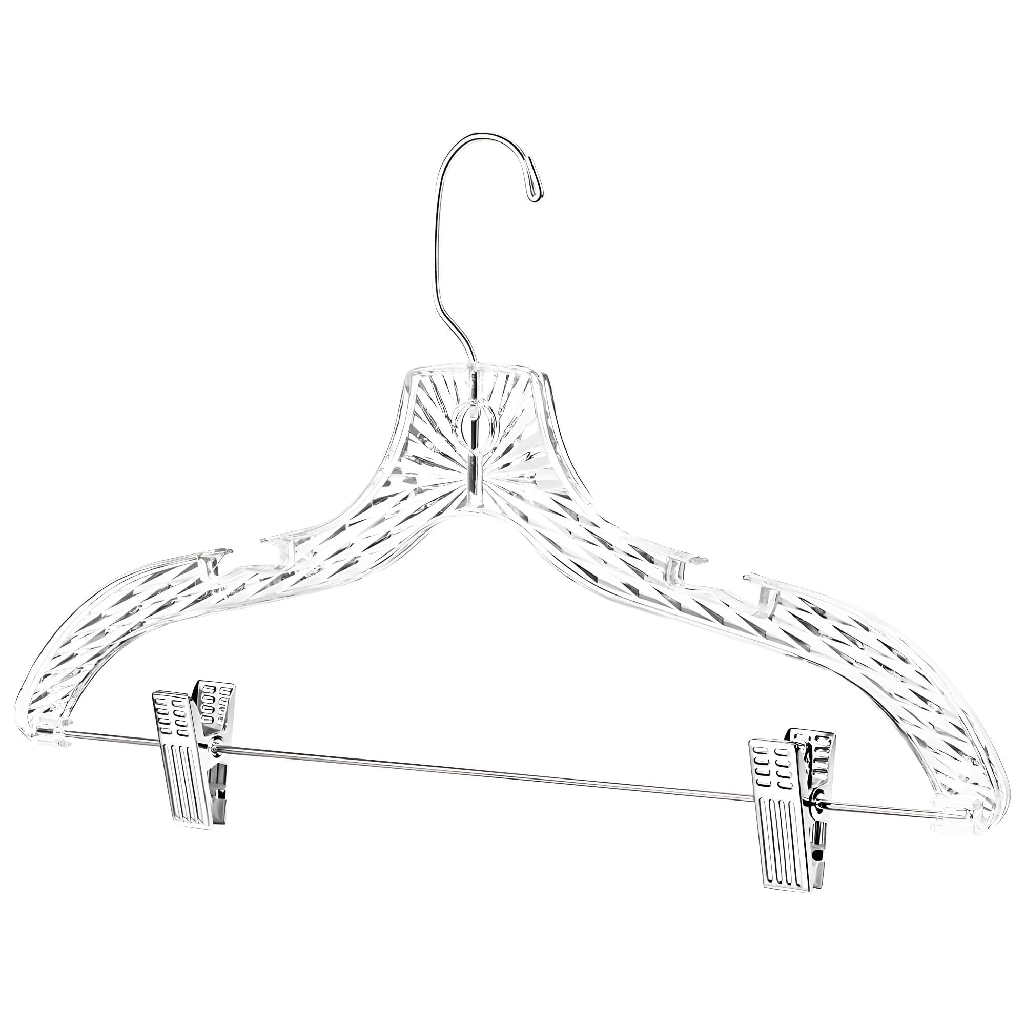 HardW crystal-clear clip hanger keeps dresses wrinkle-free and closet-ready.
