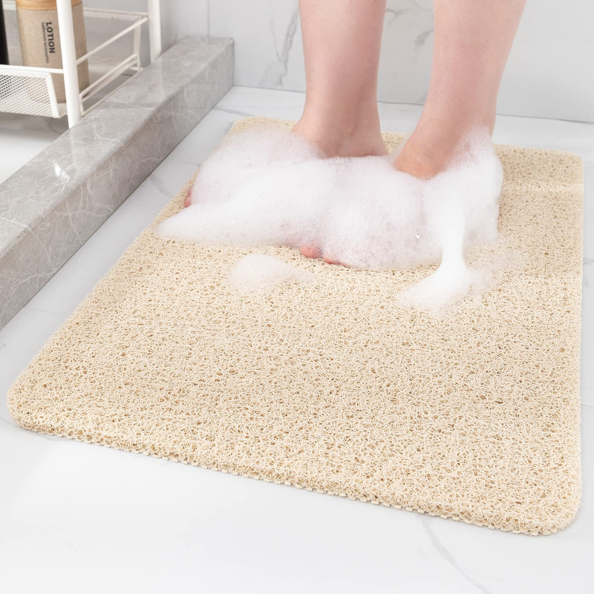Hargiis non-slip shower mat in beige 40x16 for safe footing in wet bathrooms