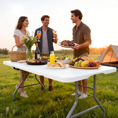 Harigal 5-foot folding-table folded compact for easy storage and transport