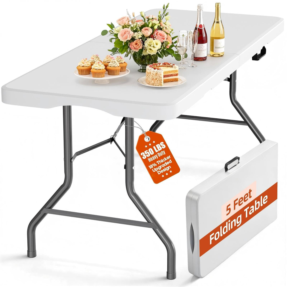 Harigal 5-foot folding table top view showing sturdy surface for serving