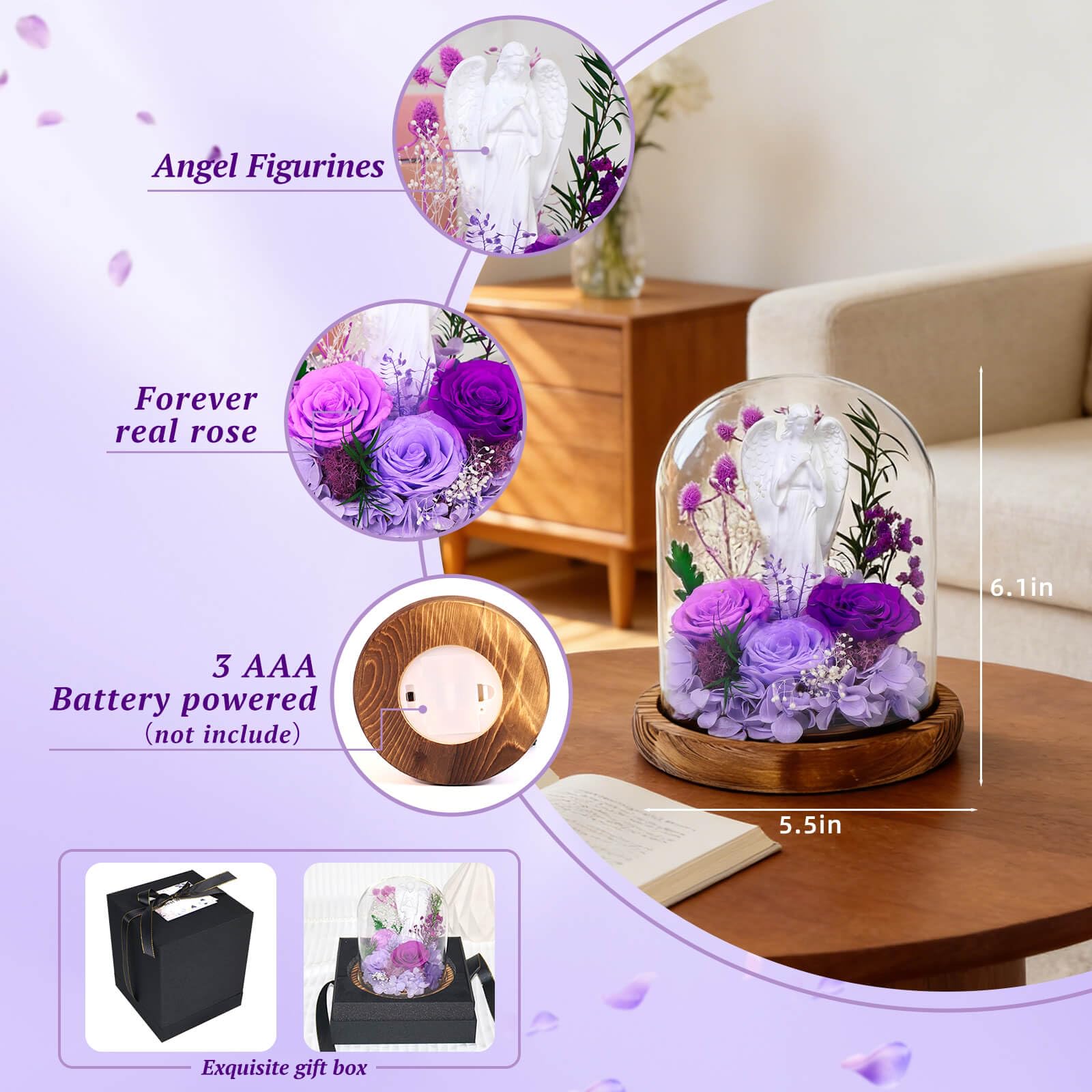 Harmolia angel statue with the preserved rose offers a blessing-inspired gift