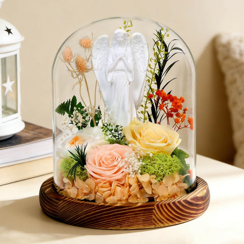 Harmolia preserved rose under glass dome with angel statue, a lasting keepsake for birthdays.