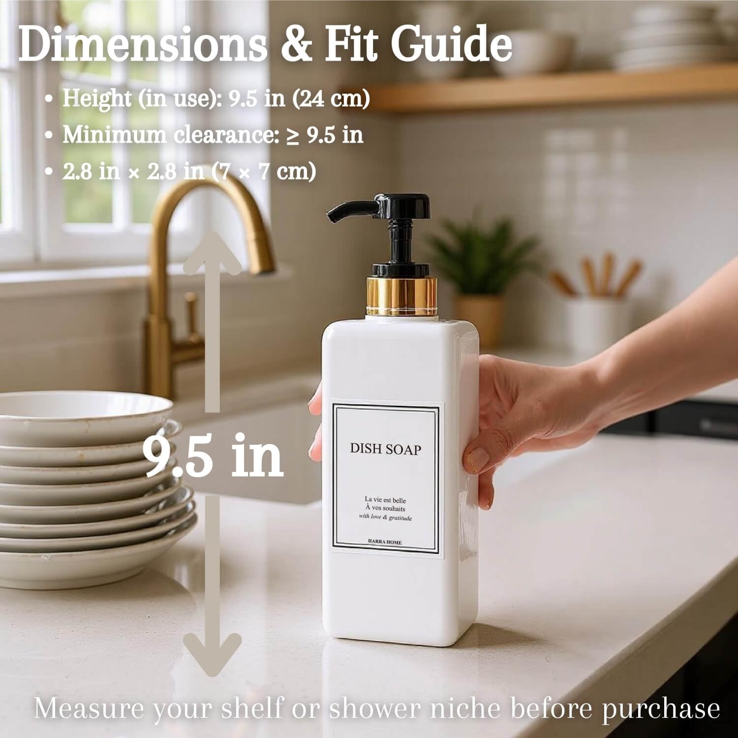 Harra Home conditioner dispenser in gold, adds luxury while simplifying bathroom routine.