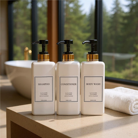 Harra Home refillable pump bottles make refilling easy and mess-free.
