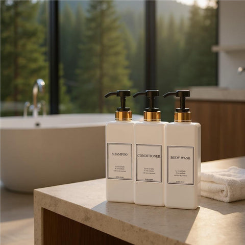 Harra Home set of 3 bottles keeping shower contents organized and refill-friendly.