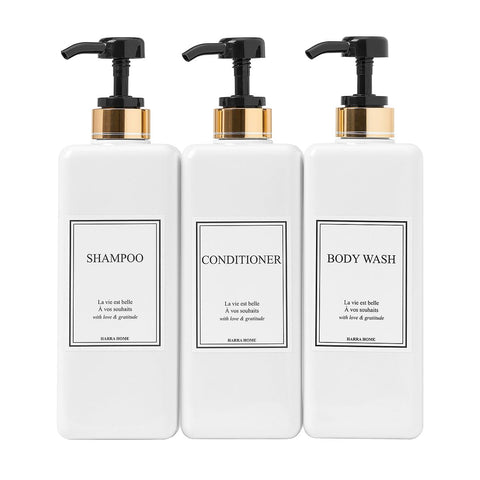 Harra Home shampoo dispenser with gold design for a spa-style bathroom and clutter control.