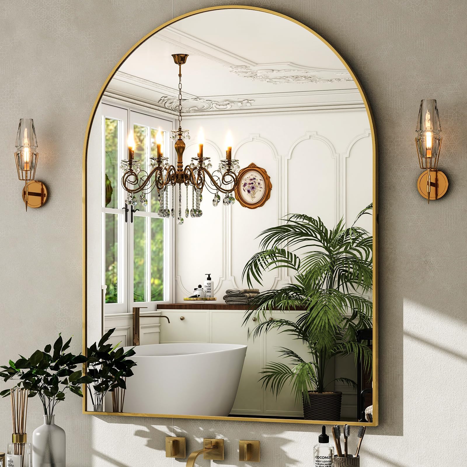 HARRITPURE arched bathroom mirror with gold frame enhances bathroom light and depth.