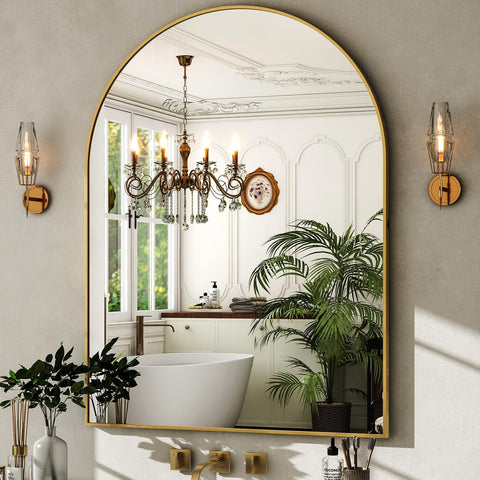 HARRITPURE arched bathroom mirror with gold frame enhances bathroom light and depth.