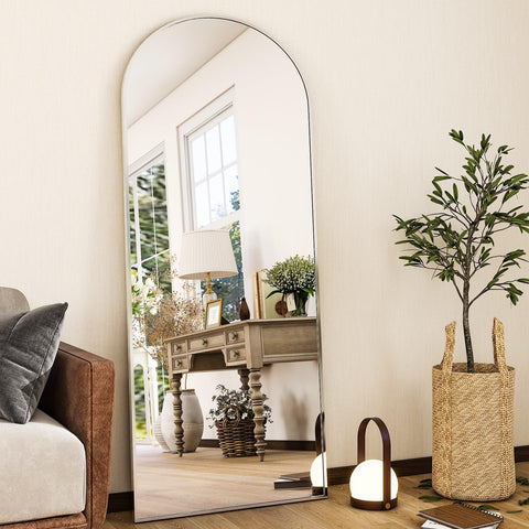 HARRITPURE arched full-length mirror in silver frame for bright reflections.