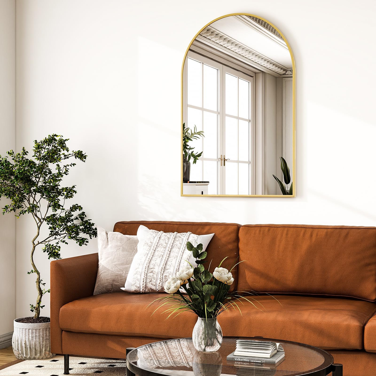 HARRITPURE living-room-entryway-decor mirror brightens space with refined elegance.