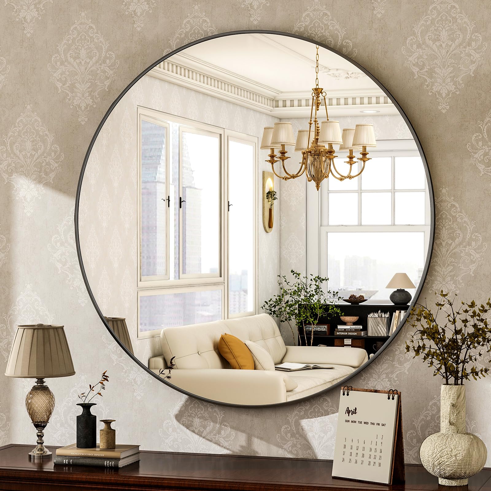 HARRITPURE round mirror 24 black with brushed frame enhances modern bathrooms
