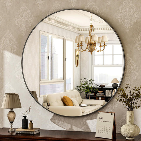 HARRITPURE round mirror 24 black with brushed frame enhances modern bathrooms