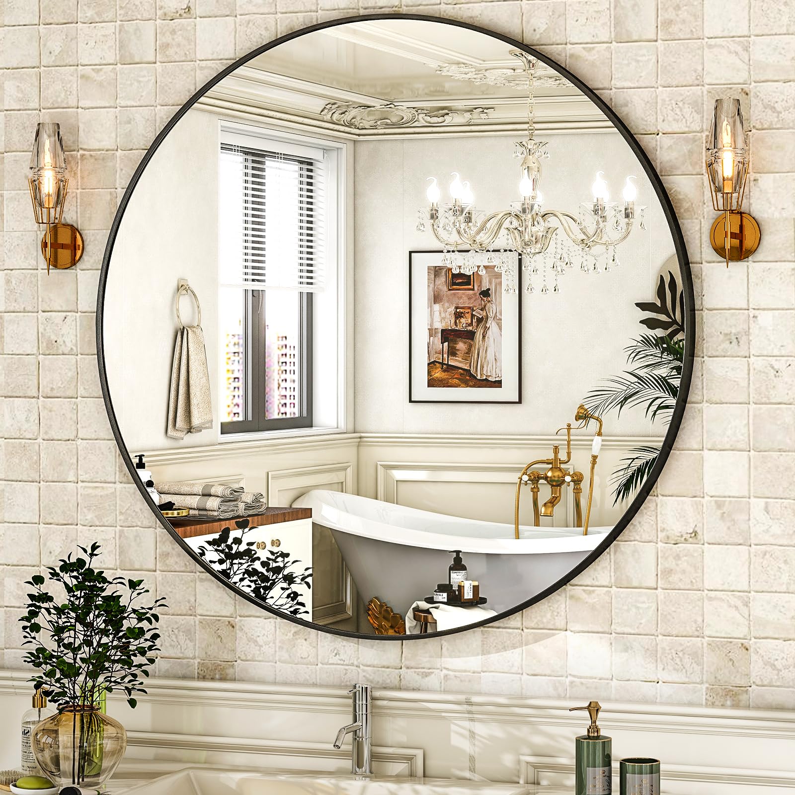 HARRITPURE round mirror 30 black close-up of brushed aluminum frame showing durability.
