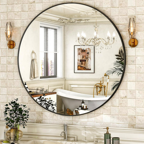 HARRITPURE round mirror 30 black close-up of brushed aluminum frame showing durability.