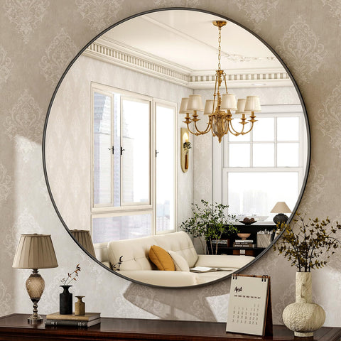 HARRITPURE round mirror 30 black front view, modern brushed aluminum frame for bathroom and living room ambience.