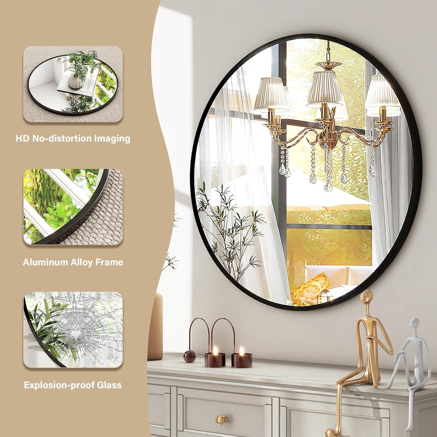 HARRITPURE round mirror 30 black glass detail with high-definition reflection.