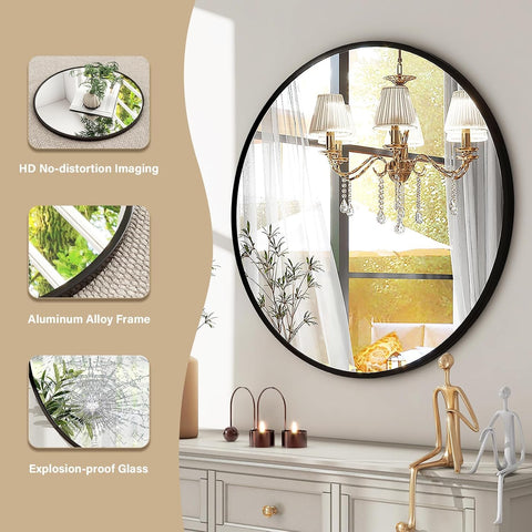 HARRITPURE round mirror 30 black glass detail with high-definition reflection.