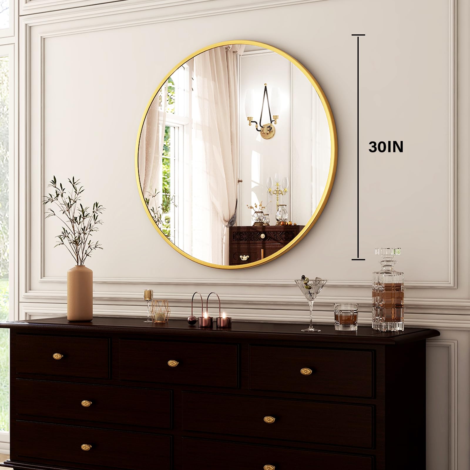 Living room ambiance enhanced by the HARRITPURE gold circle mirror