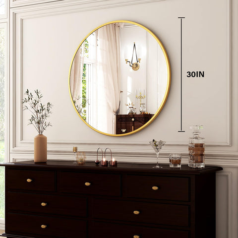 Living room ambiance enhanced by the HARRITPURE gold circle mirror