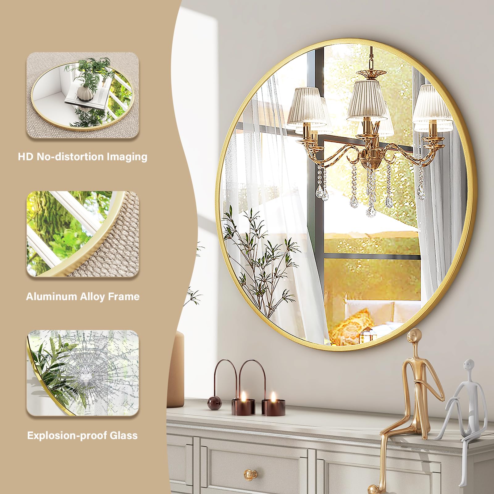 Vanity area featuring the HARRITPURE round gold mirror