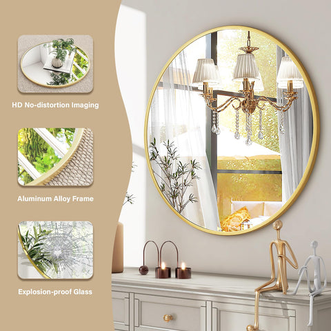 Vanity area featuring the HARRITPURE round gold mirror