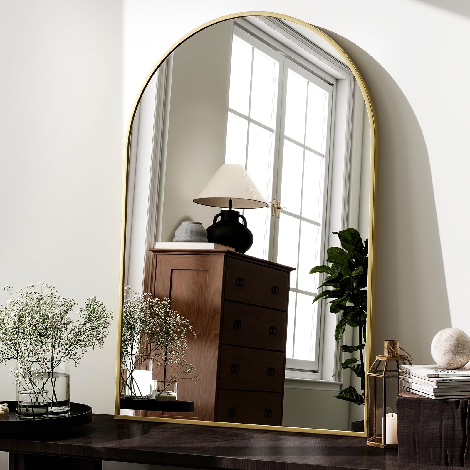 HARRITPURE wall-mounted arch mirror boosts bathroom space perception.