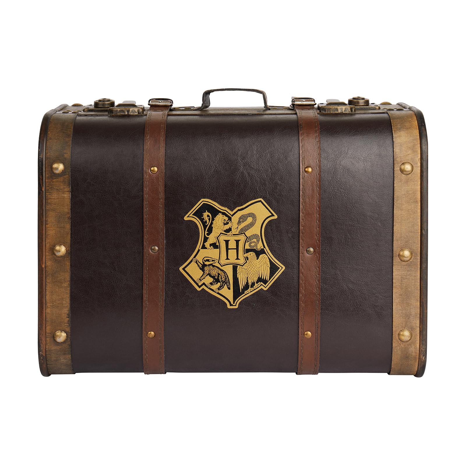 Harry Potter Hogwarts trunk crest on lid, ideal for decorative display of memorabilia.