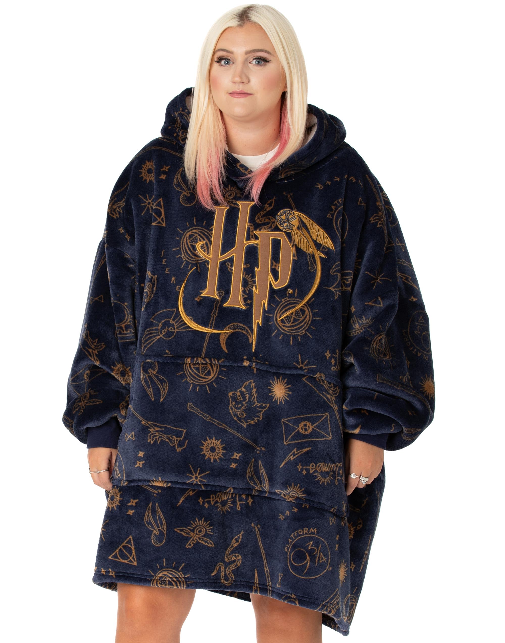 Harry Potter wearable blanket hoodie with Hogwarts graphic for cozy home lounging