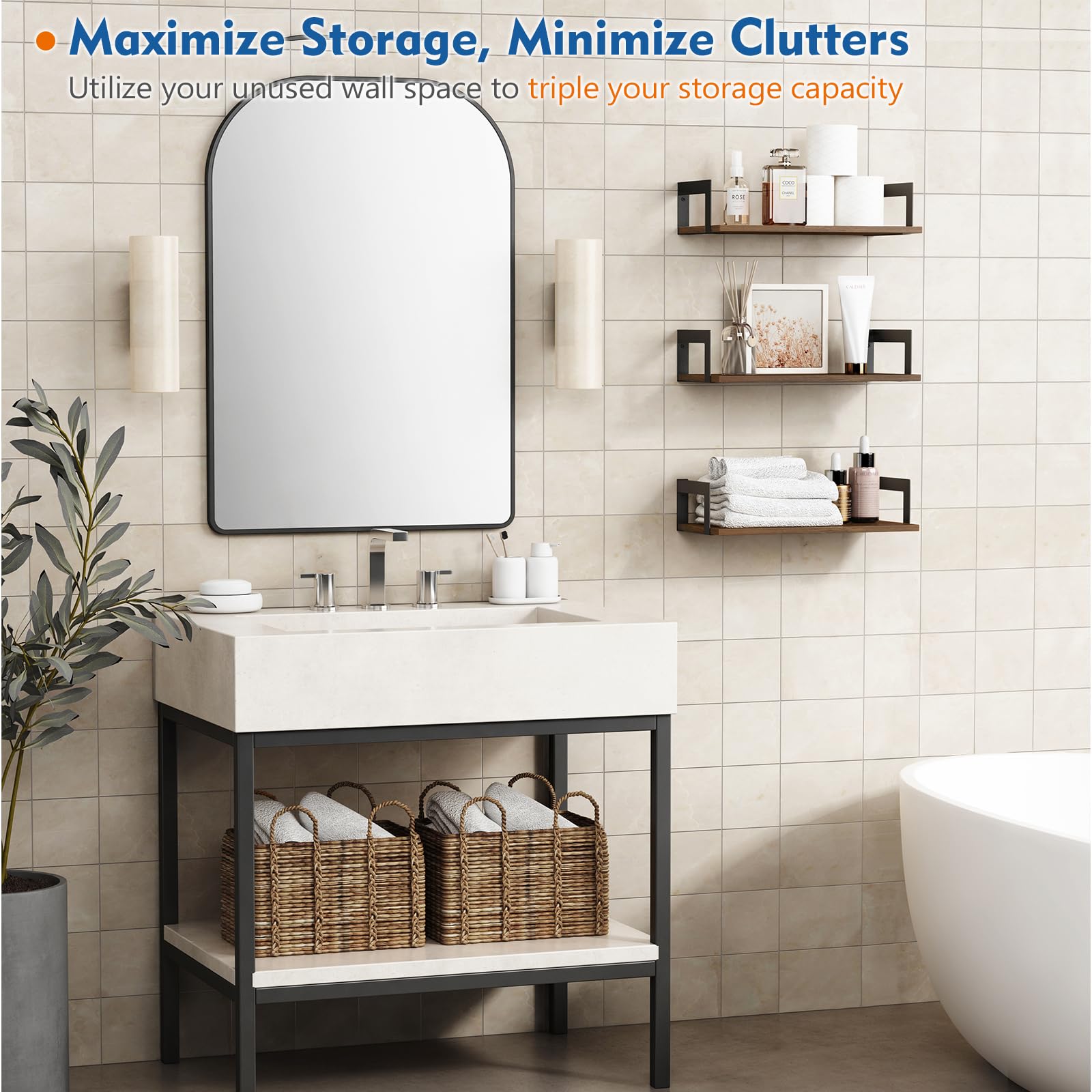 Harwaya bedroom wall shelves display – crisp storage solution beside bed or dresser.