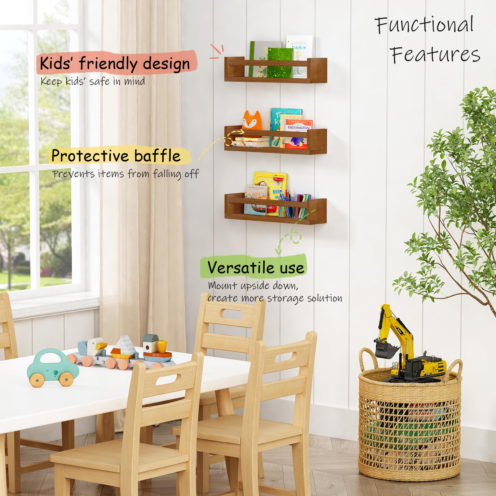 Harwaya dark wood nursery shelves enhancing a cozy kids room