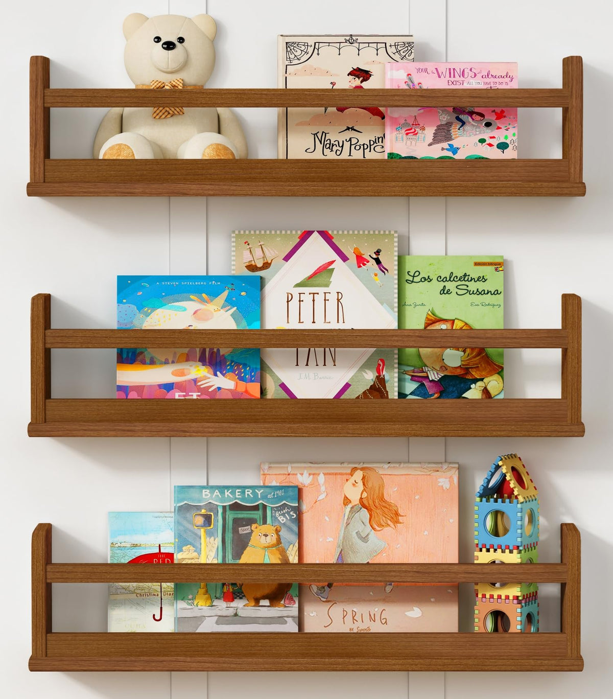 Harwaya floating nursery shelves on wall showing books, easy reach for kids