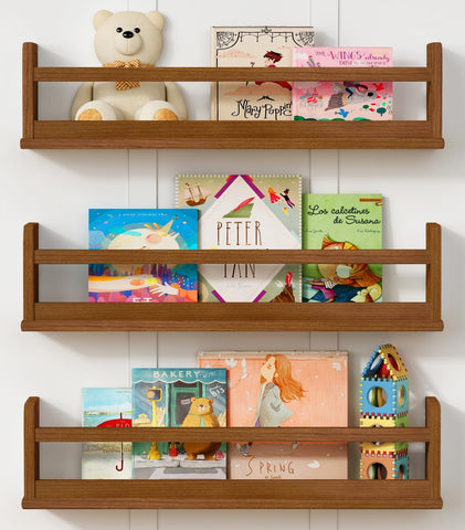 Harwaya floating nursery shelves on wall showing books, easy reach for kids