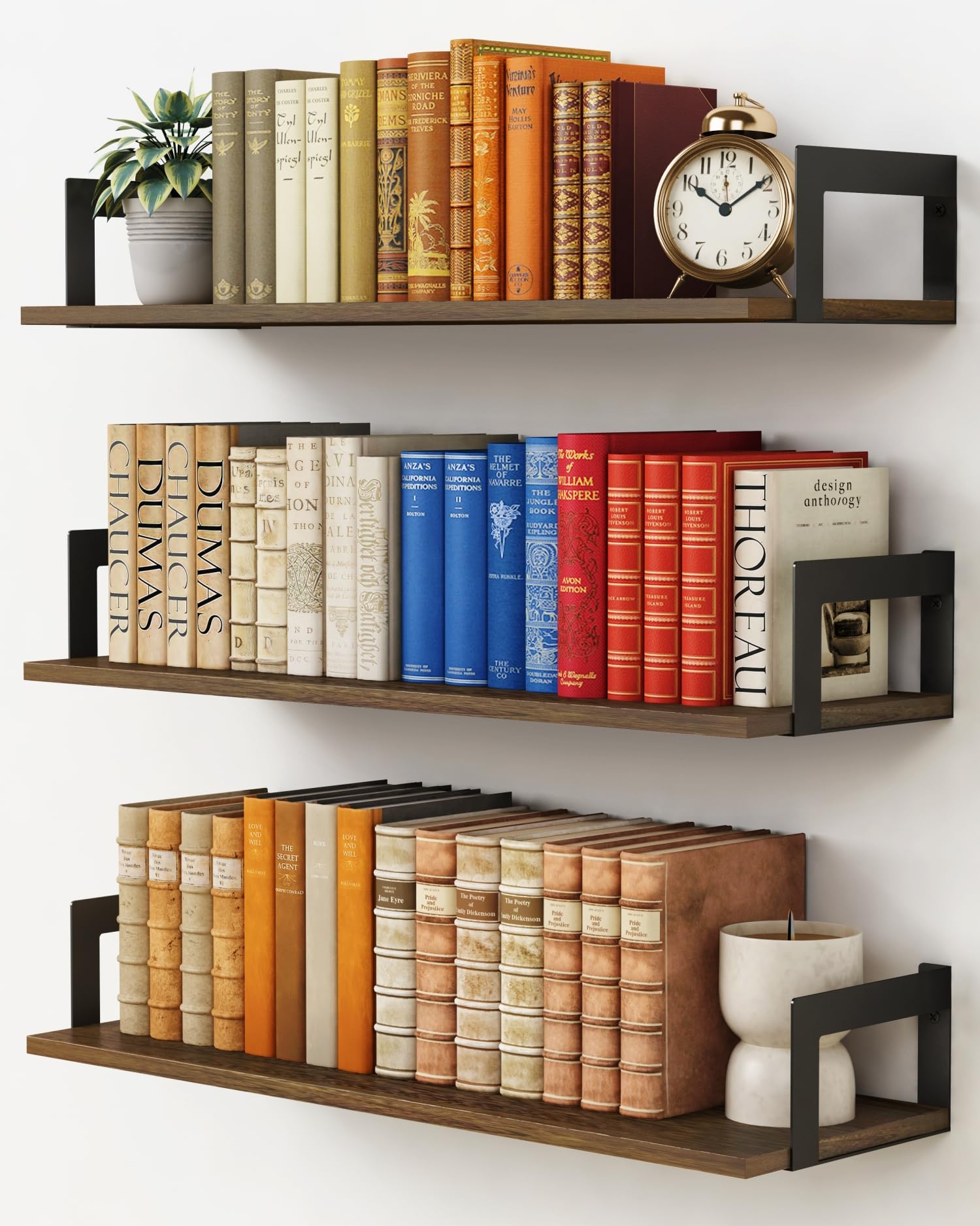 Harwaya floating shelves 24inch set displays books and decor on the wall.