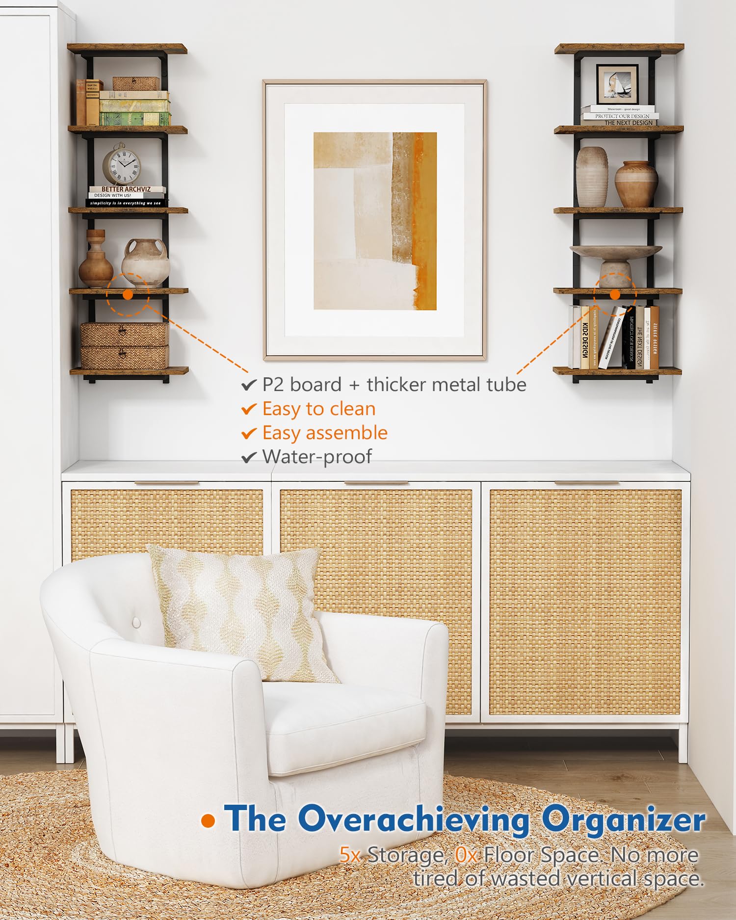 Harwaya MDF wood with metal frame shelves provide sturdy 25 lb capacity