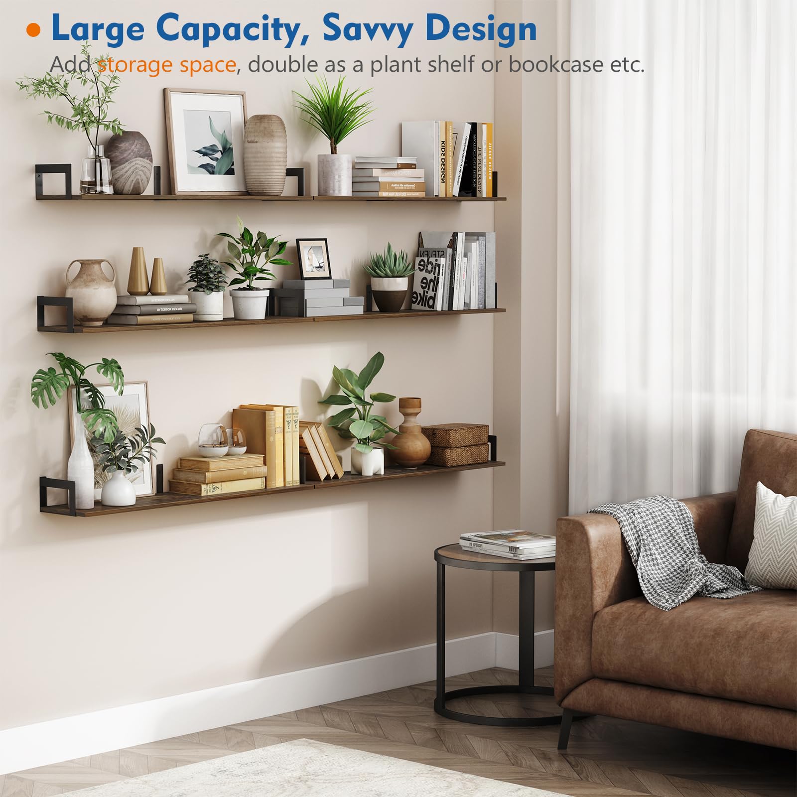 Harwaya rustic wood shelves add a warm focal point to living rooms.