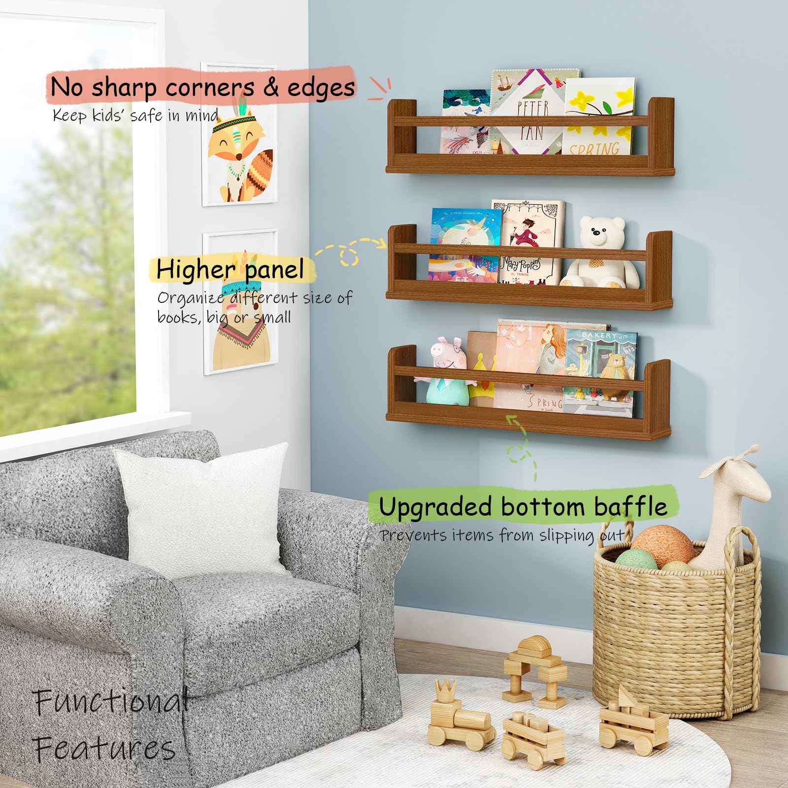 Harwaya wall-mounted kid book shelf in dark wood for compact storage
